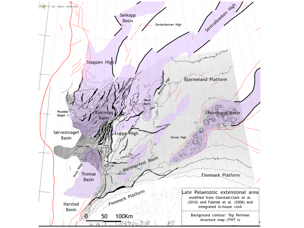 Late Palaeozoic tectonic element map of the western Barents Sea modified from Glørstad-Clark et al. (2010)