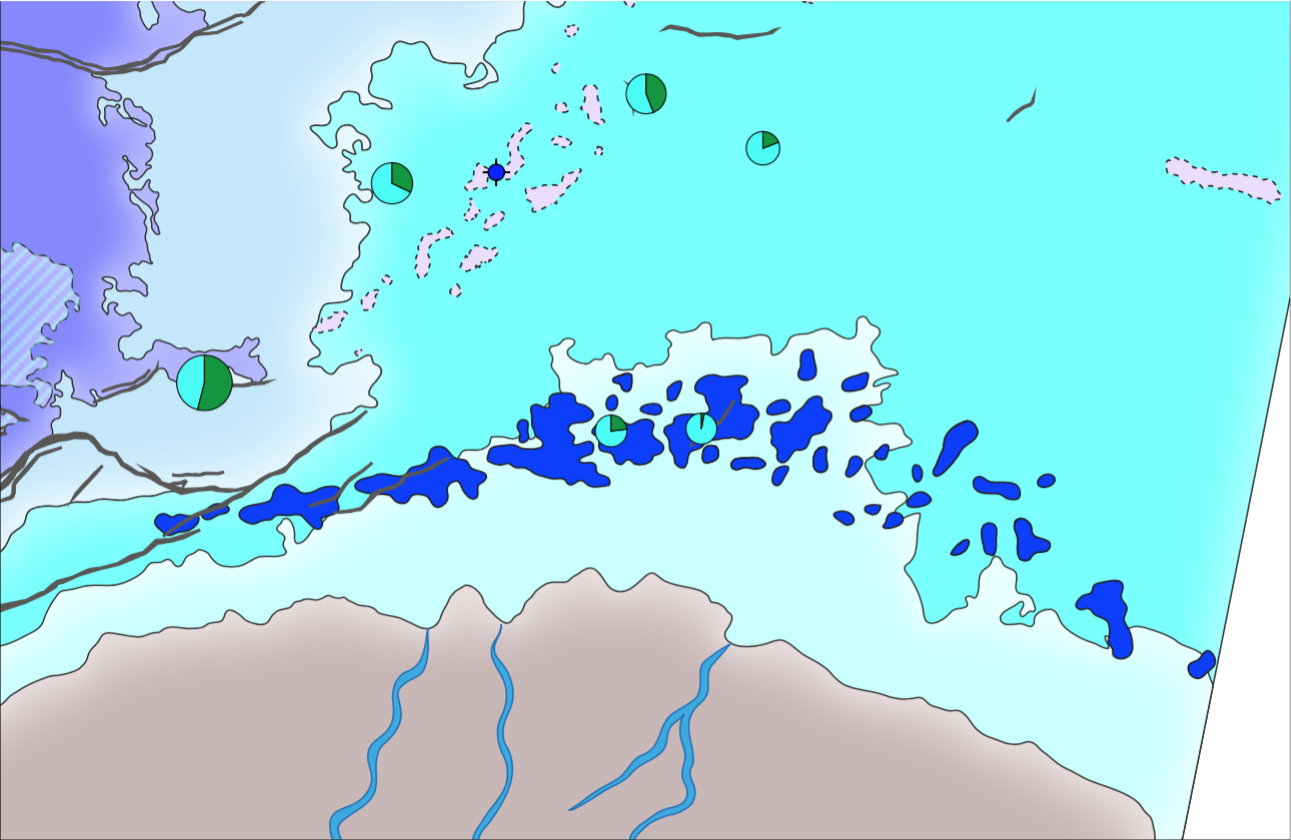 Extract of the Røye formation paleogeographic maps showing the spiculite mounds along the Finnmark Platform